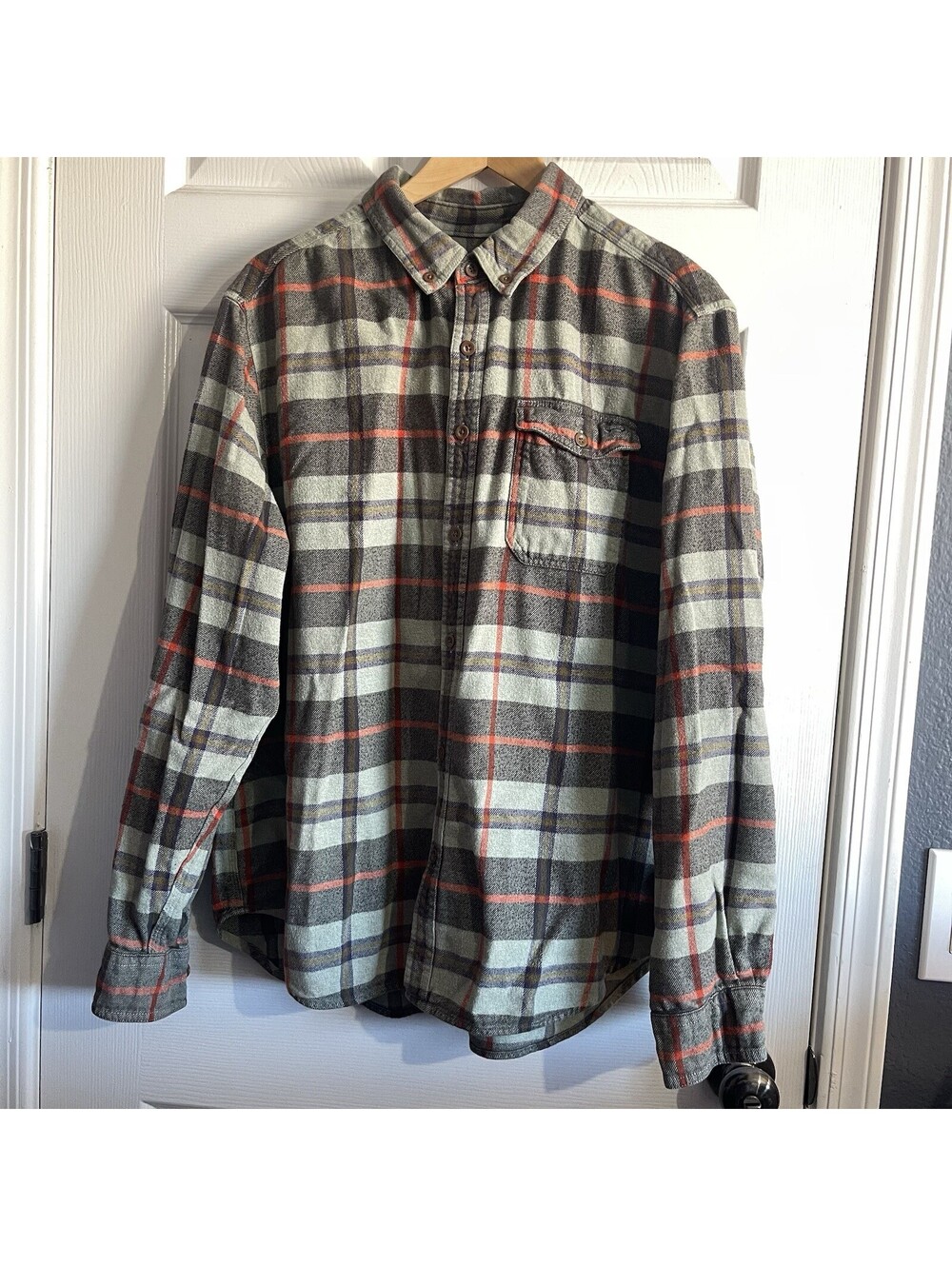 Woolrich Mens XL Organic Cotton Plaid Flannel Button Down Shirt Sage Green